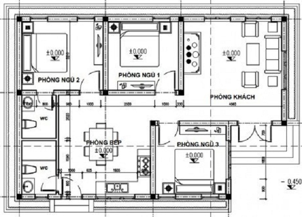 Mẫu 1: Bản vẽ nhà cấp 4 với thiết kế phòng khách, phòng bếp, ba phòng ngủ và hai nhà vệ sinh. Nhà được thiết kế có lối vào được thiết kế nằm ở bên hông phòng khách và cửa đi phụ ở khu vực bếp.
