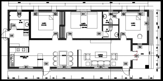 Mẫu 10: Nhà cấp 4 có diện tích 7m x 17m được thiết kế với đầy đủ công năng gồm phòng khách, hai phòng ngủ lớn, một phòng ngủ đôi cho hai con, một khu vực bếp liền kề với bàn ăn và ba nhà vệ sinh.