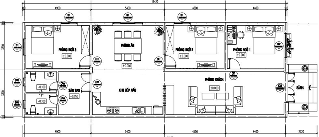 Mẫu 3: Bản vẽ nhà cấp 4 thiết kế 5x20m, sắp xếp và bố trí khá độc đáo và thuận tiện. Từ phòng khách đi vào trong là không gian bếp nấu, phía đối diện lần lượt là phòng ngủ 1, phòng ngủ 2, phòng ăn và phòng ngủ 3. Khu vệ sinh được thiết kế gần với sân sau và sau khu vực bếp nấu, rất thuận tiện cho việc di chuyển cũng như lưu thông không khí.